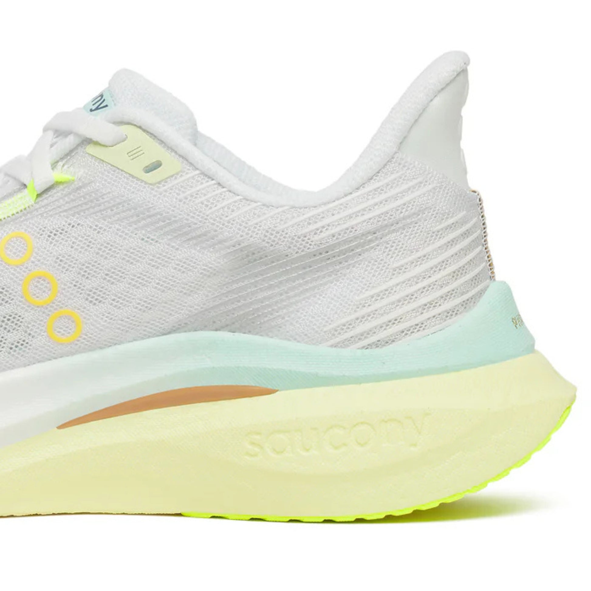 White Saucony running shoe with a yellow sole on a white background