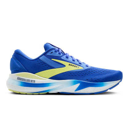 Blue Brooks running shoe with yellow accents on a white background