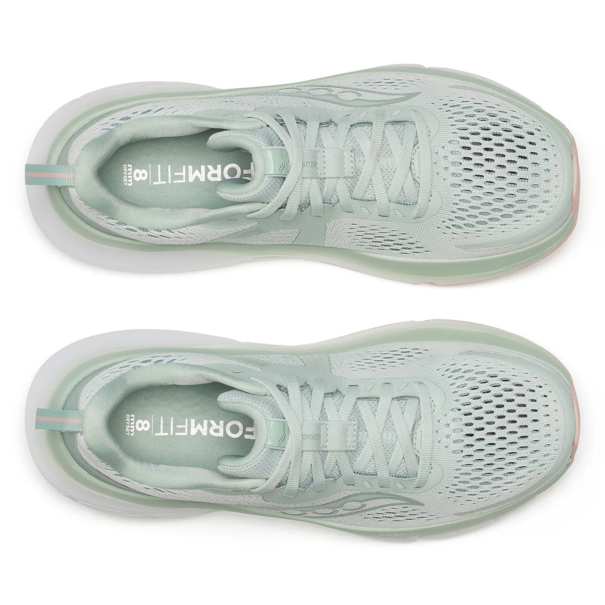 Pair of light green running shoes with branding on a white background