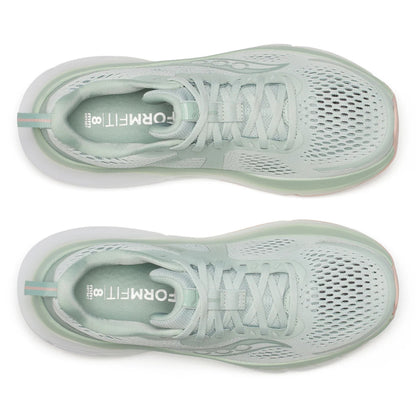 Pair of light green running shoes with branding on a white background