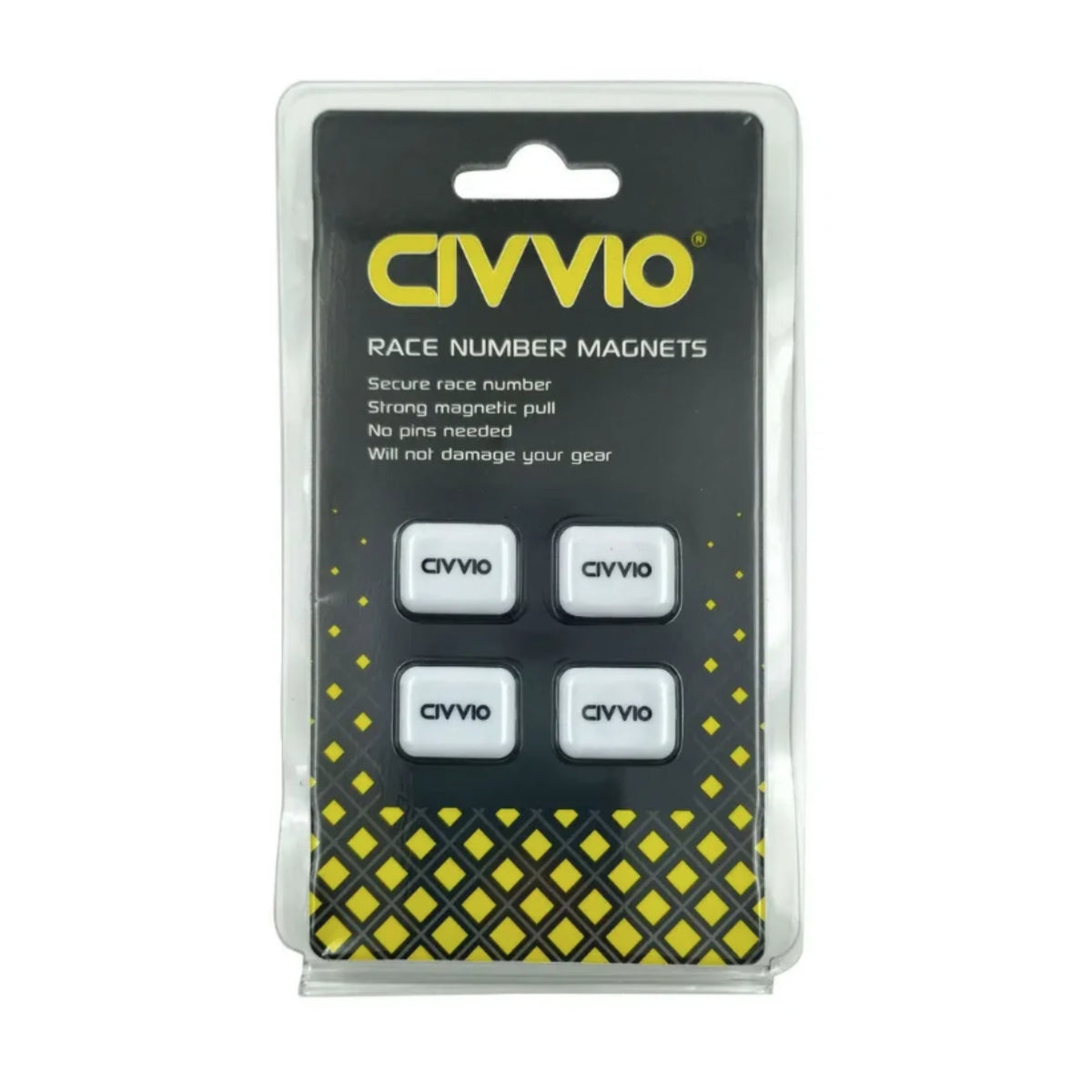 Civvio race number magnet packaging on a white background