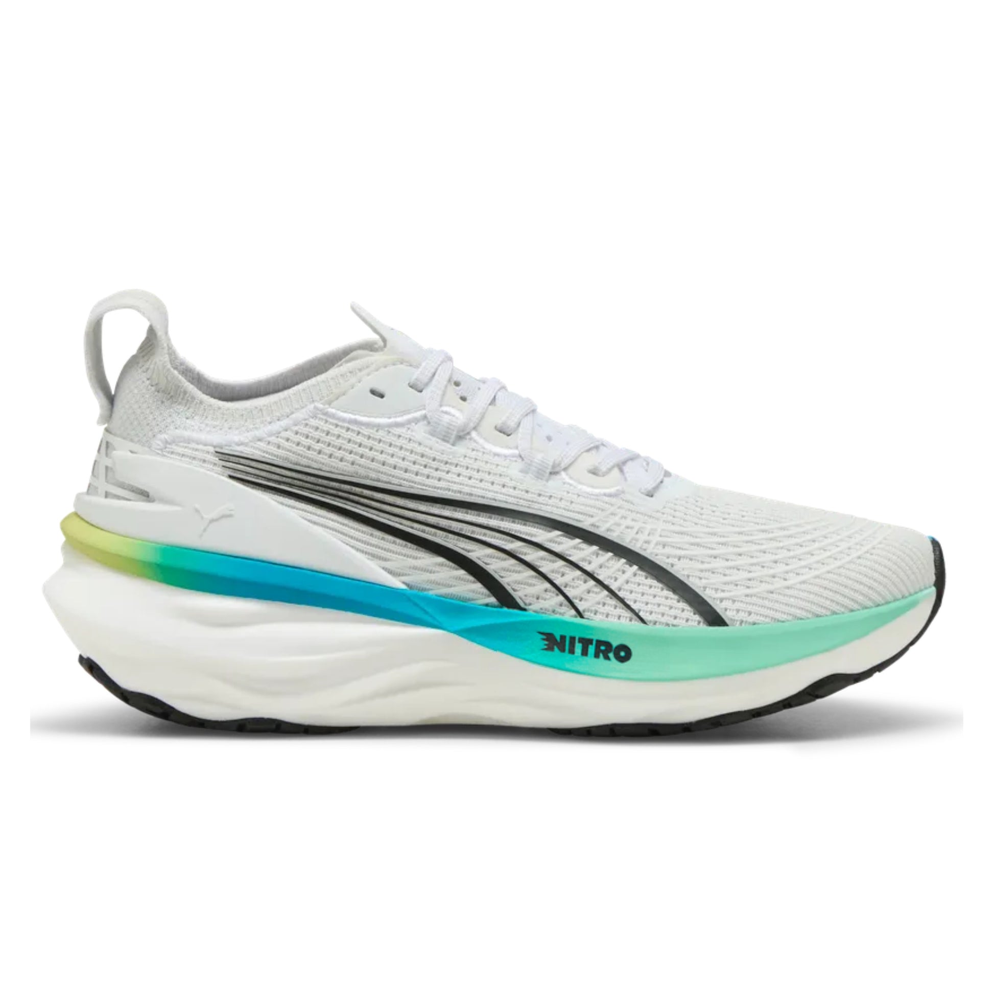 White running shoe with blue sole on a white background