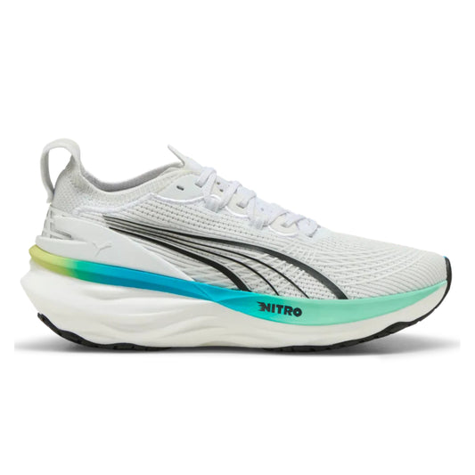 White running shoe with blue sole on a white background