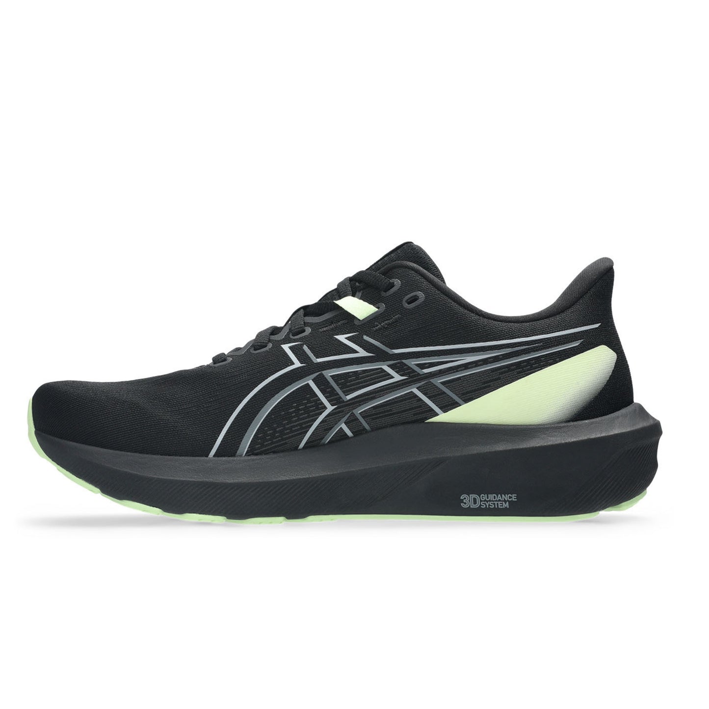 Black and yellow Asics running shoe on a white background