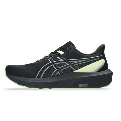 Black and yellow Asics running shoe on a white background