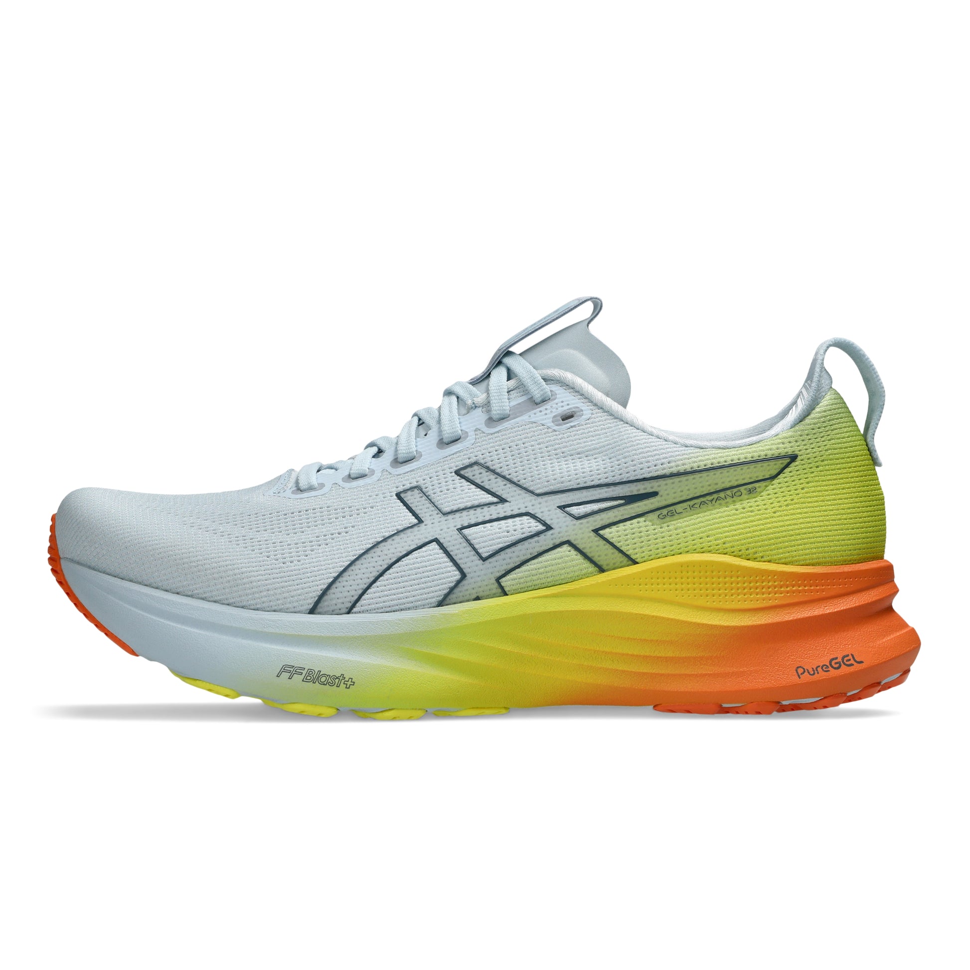 White and yellow Asics running shoe with orange accents on a white background