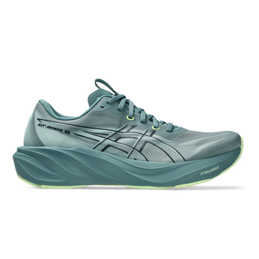 A single ASICS running shoe in a muted teal-gray colorway, featuring a textured mesh upper, dark gray side stripes, a thick sculpted foam midsole, and a light neon yellow-green outsole accent, shown against a plain white background.