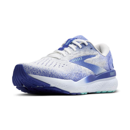 Blue and white running shoe with 'Brooks' branding on a white background
