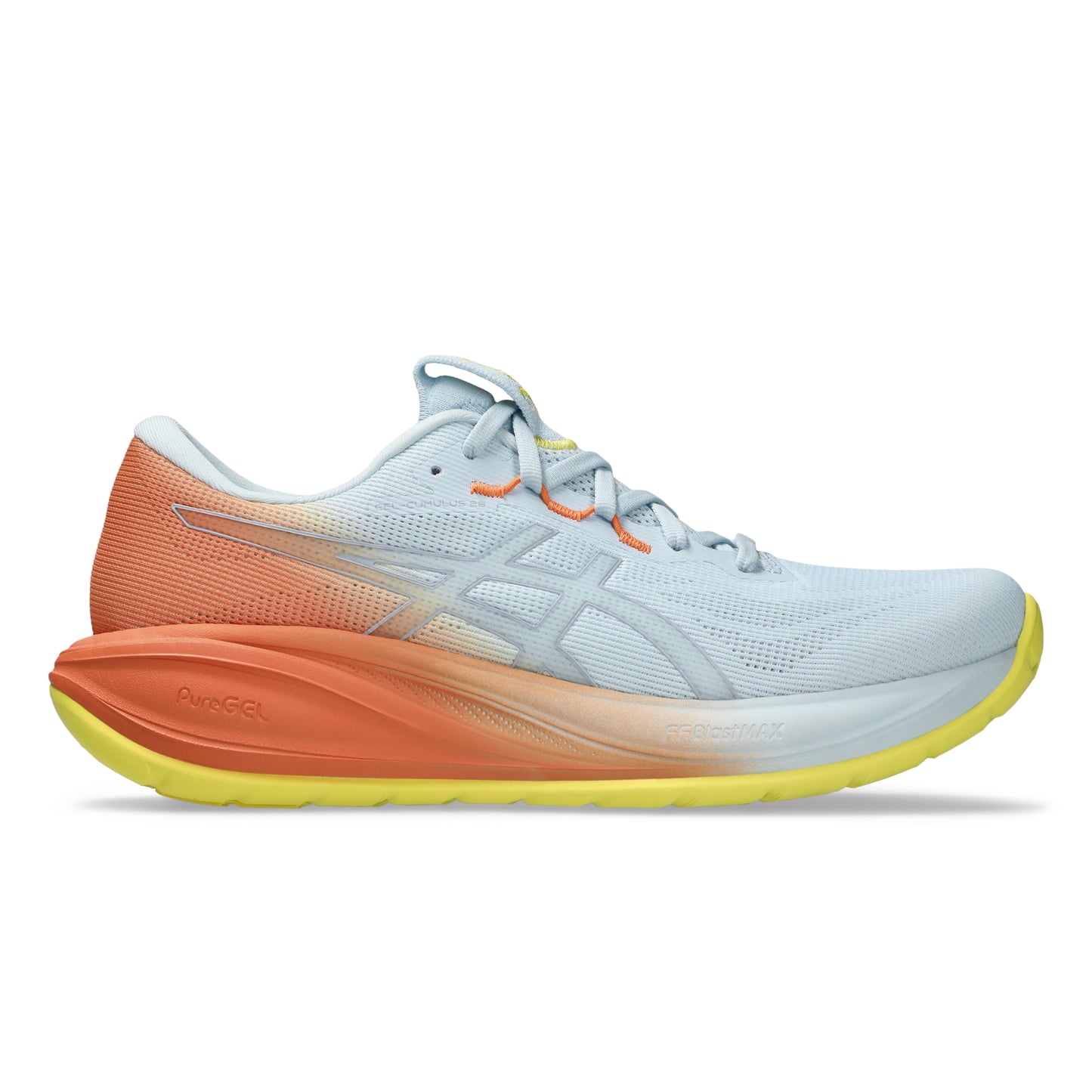White and orange Asics running shoe with yellow accents on a white background