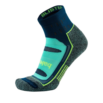 A single barefoot brand athletic ankle sock on a white background, featuring a dark navy blue cuff, a bright turquoise arch support band, a dark gray textured heel and toe, and neon green accents.