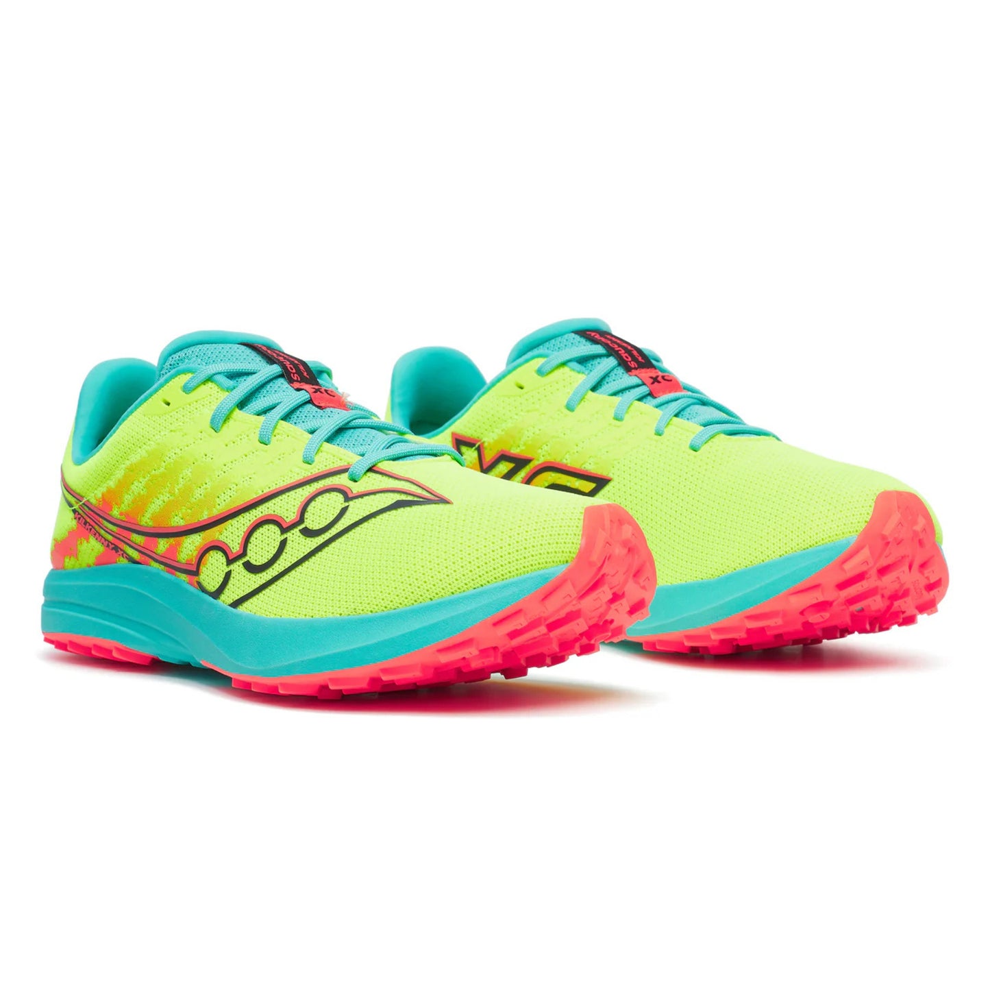 Neon green running shoes with blue and pink accents on a white background