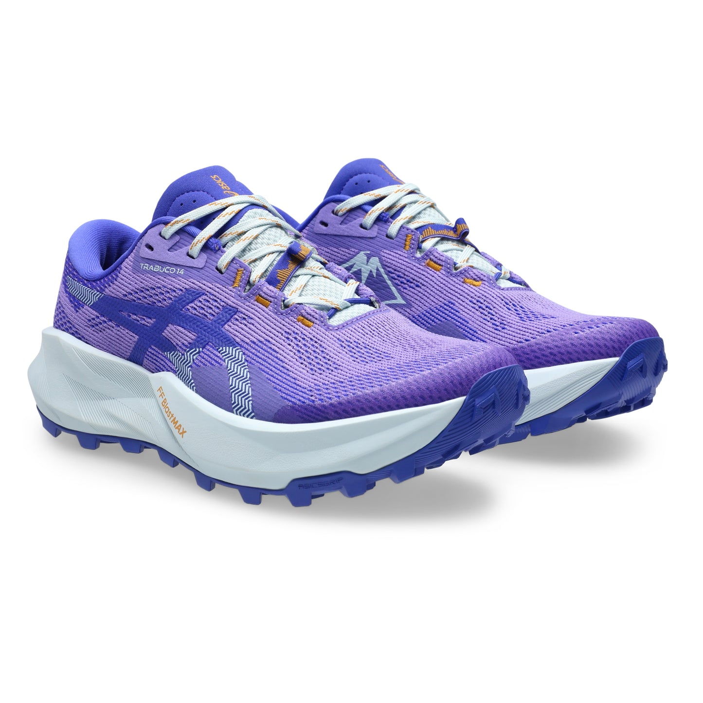 Purple Asics running shoes with white soles on a white background