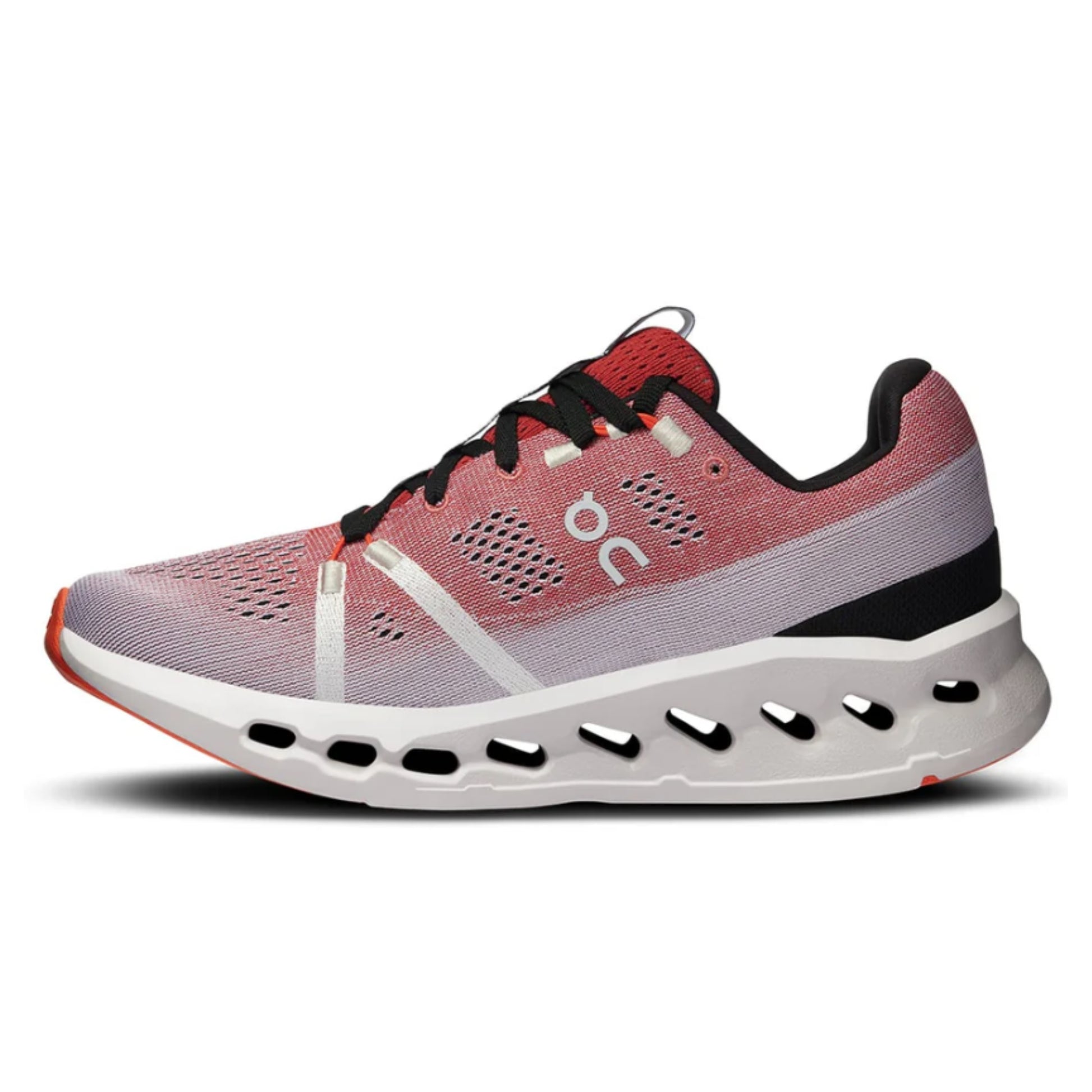 Pink running shoe with black and white accents on a white background