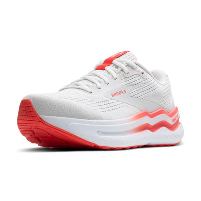 White running shoe with red accents on a white background