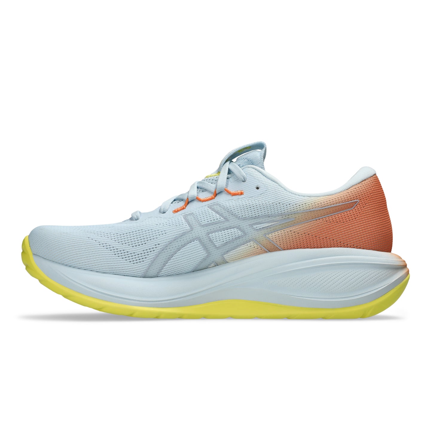 White and orange Asics running shoe with yellow accents on a white background