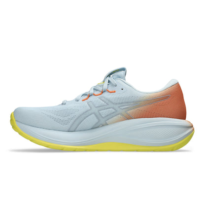 White and orange Asics running shoe with yellow accents on a white background