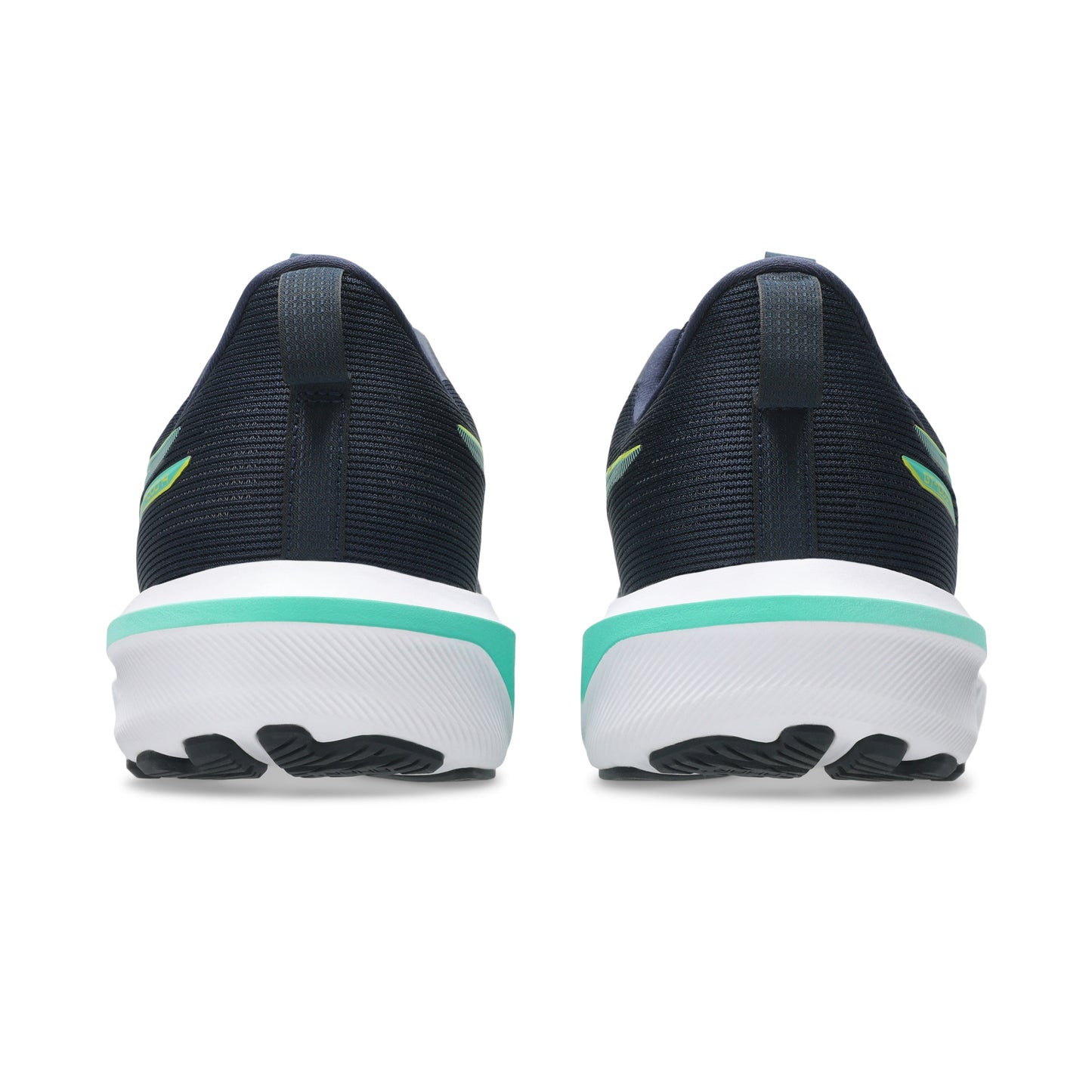 Black running shoes with green accents on a white background