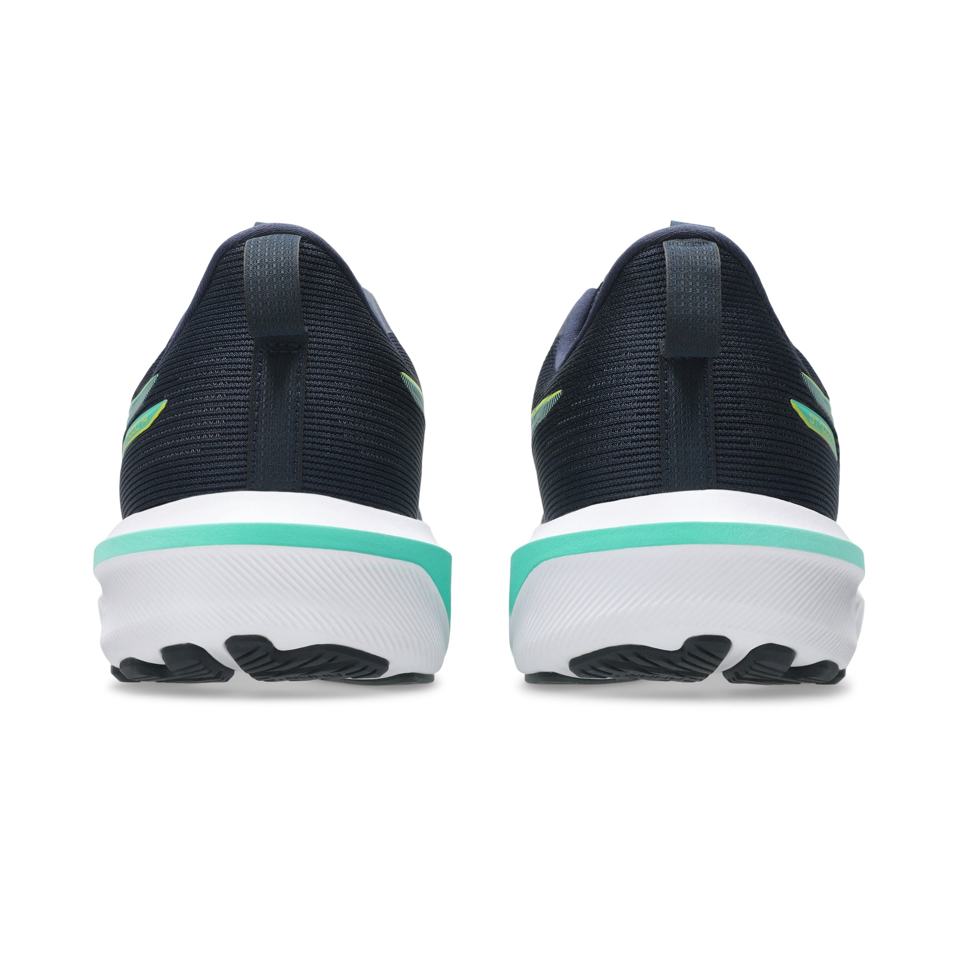 Black running shoes with green accents on a white background