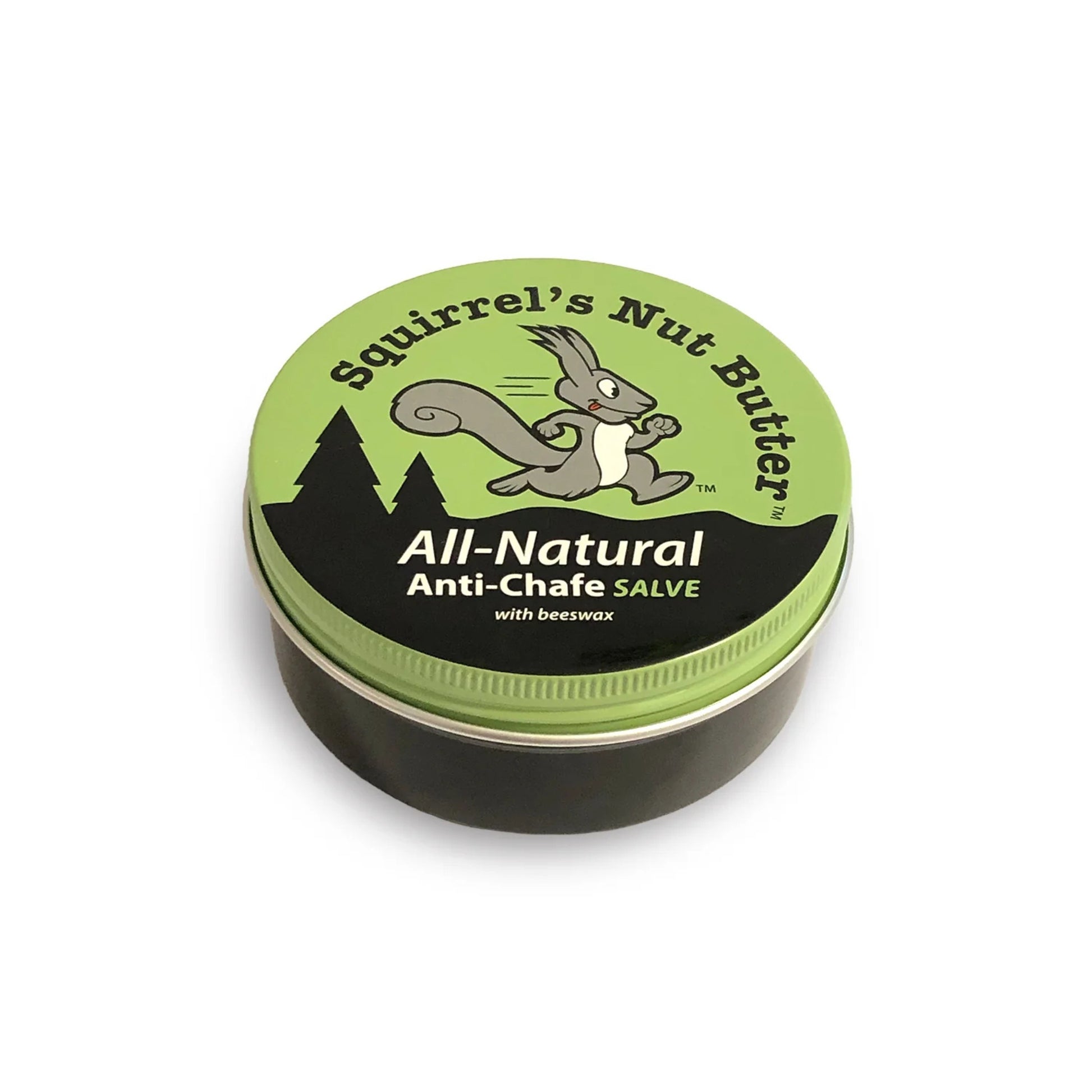 Squirrel's Nut Butter all-natural anti-chafe salve container on a white background