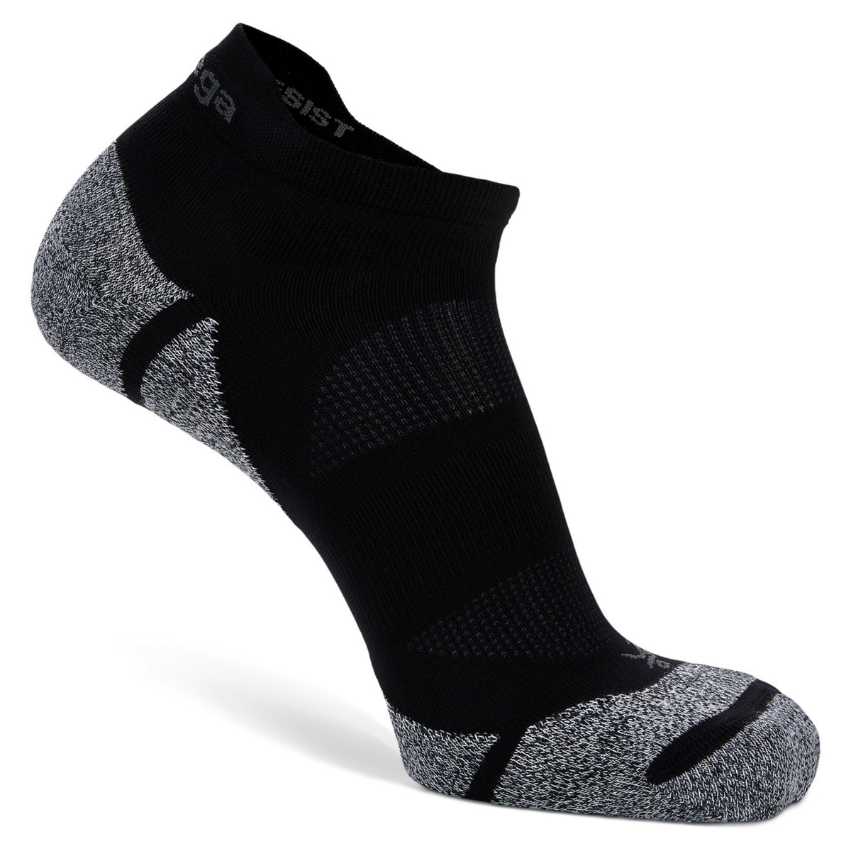 A single low-cut athletic sock in black with gray heathered panels on the heel, toe, and instep, shown on a white background.
