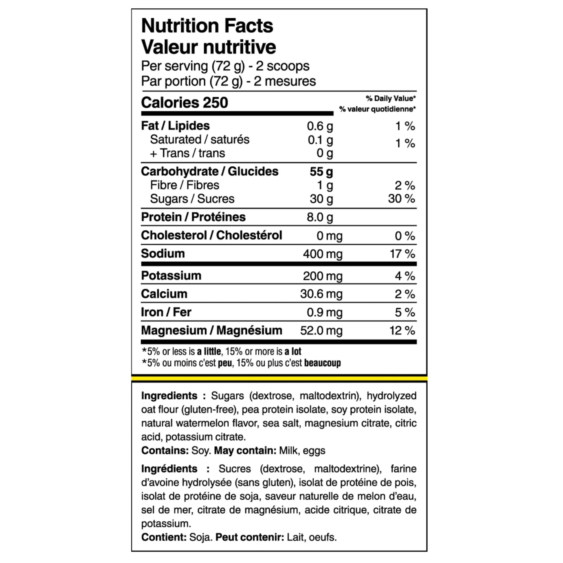 Nutrition facts label for a product with detailed calorie and ingredient information.