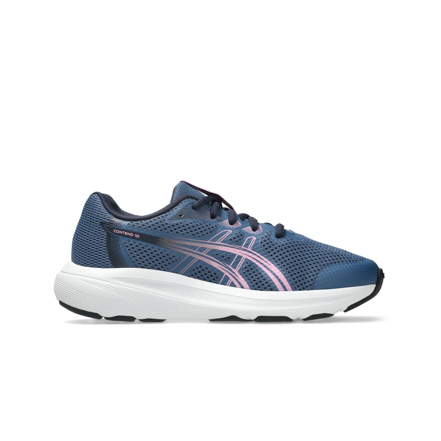 A single ASICS running shoe in navy blue mesh with a white midsole and pink side stripes, shown from the side on a white background.