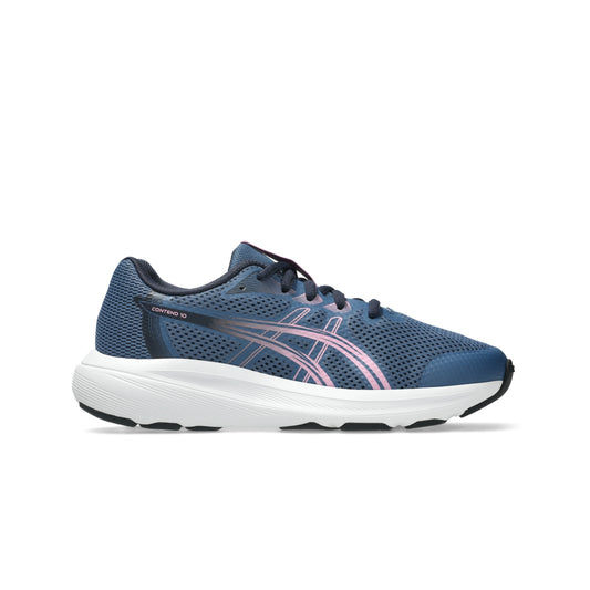 A single ASICS running shoe in navy blue mesh with a white midsole and pink side stripes, shown from the side on a white background.