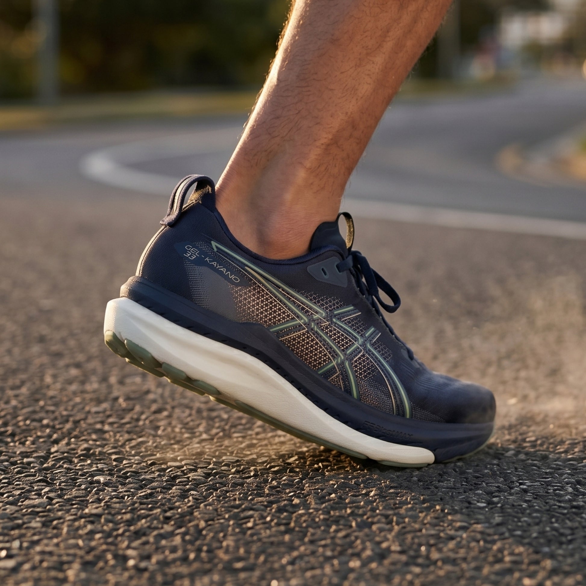 Person wearing a navy blue Asics running shoe with green and gold accents on a white background