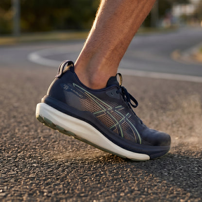 Person wearing a navy blue Asics running shoe with green and gold accents on a white background