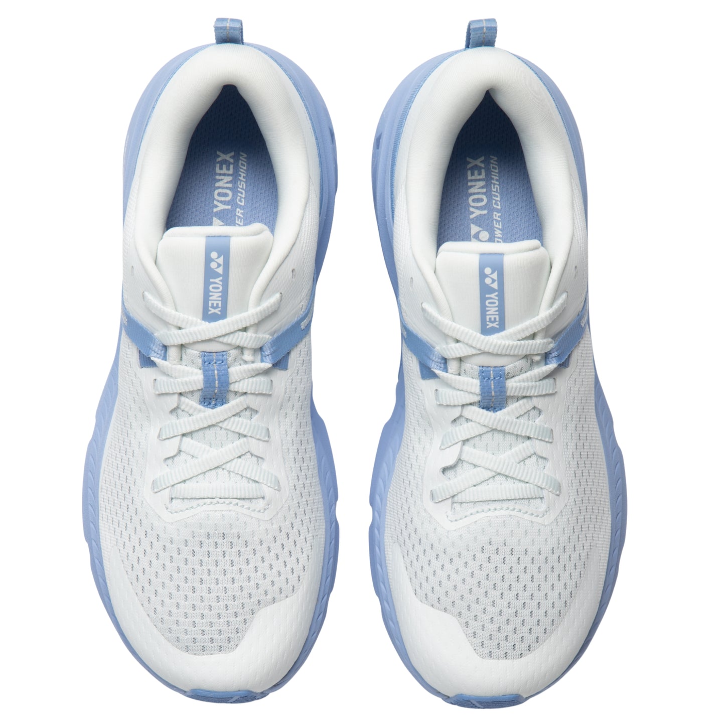 White and blue running shoes with Yonex branding on a white background