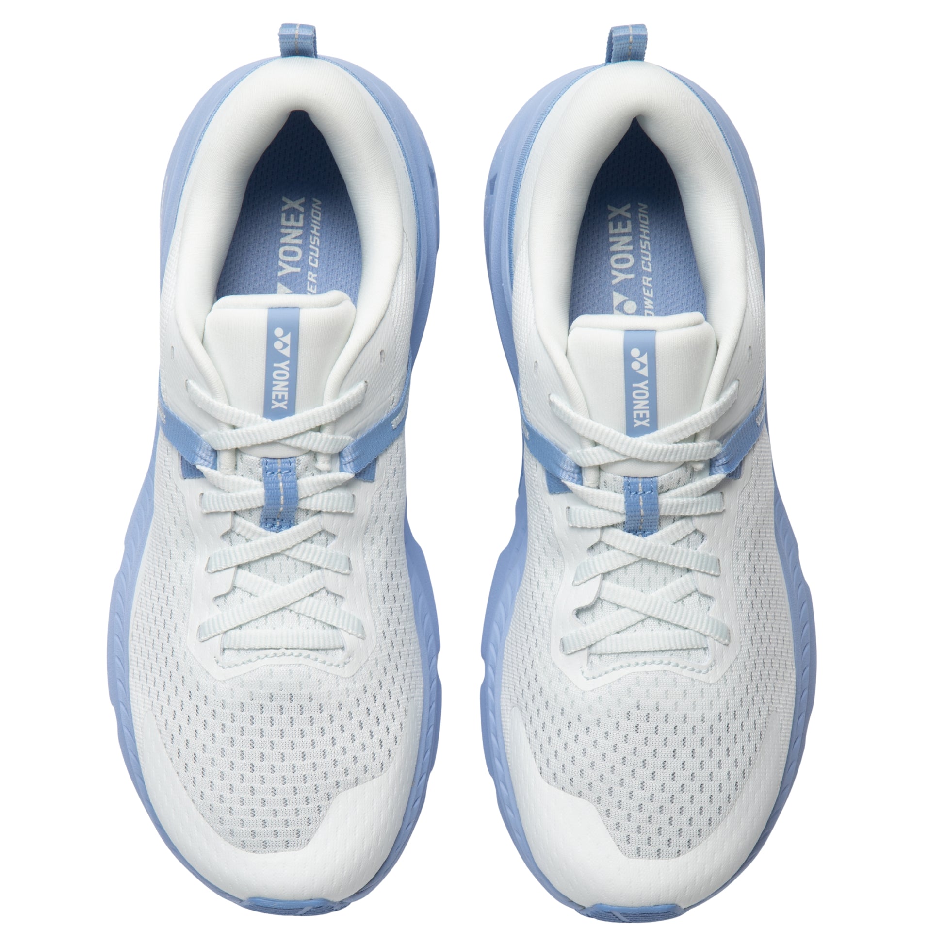 White and blue running shoes with Yonex branding on a white background