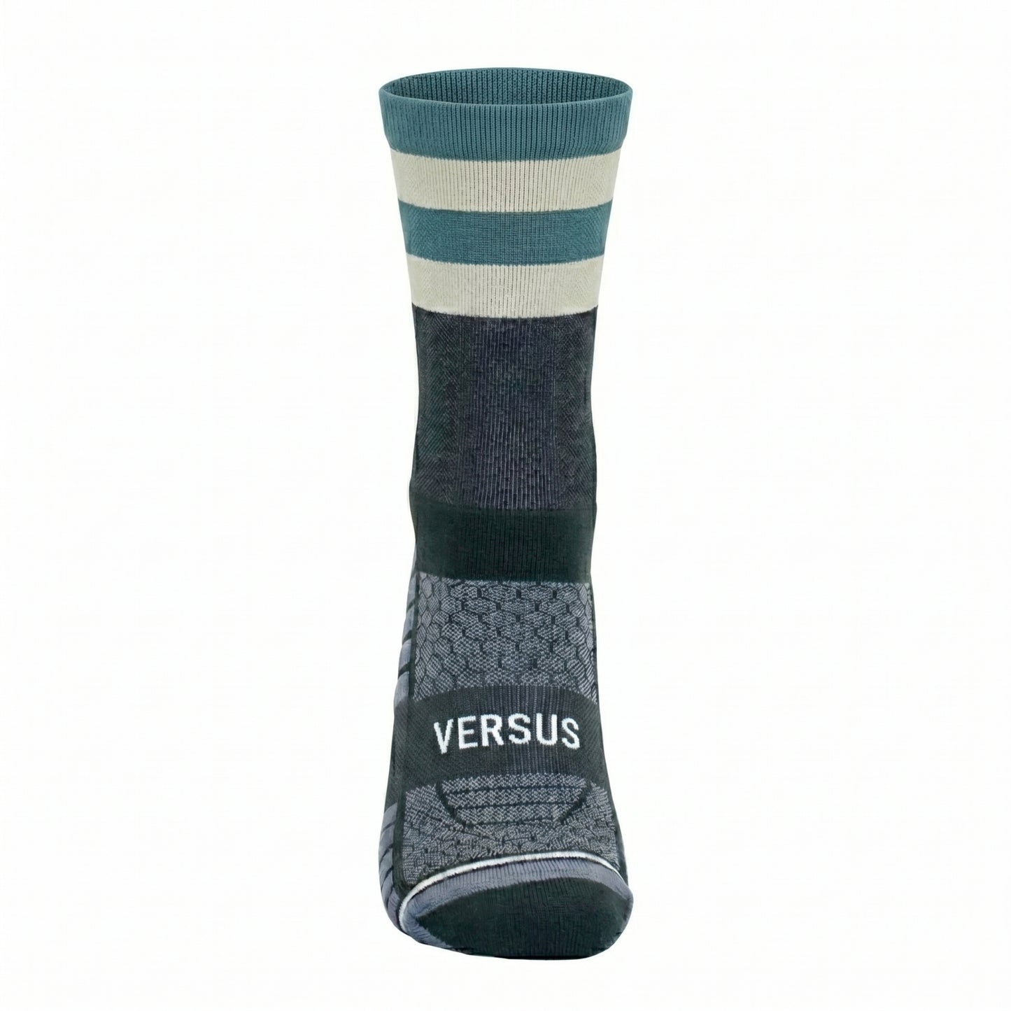 Gray sock with blue and beige stripes and 'Versus' branding on a white background