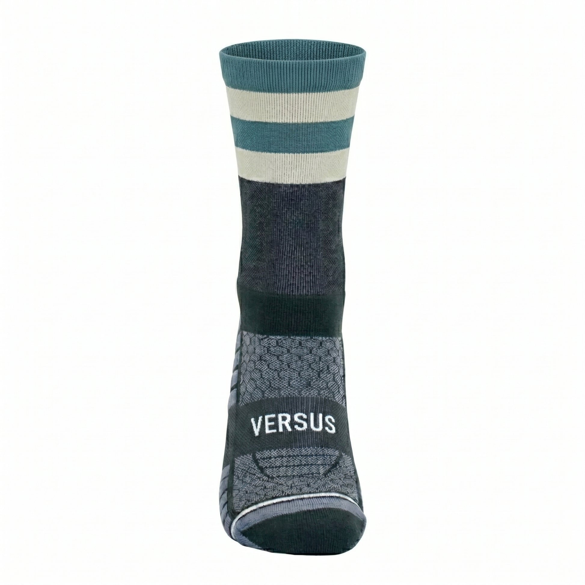 Gray sock with blue and beige stripes and 'Versus' branding on a white background