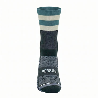 Gray sock with blue and beige stripes and 'Versus' branding on a white background