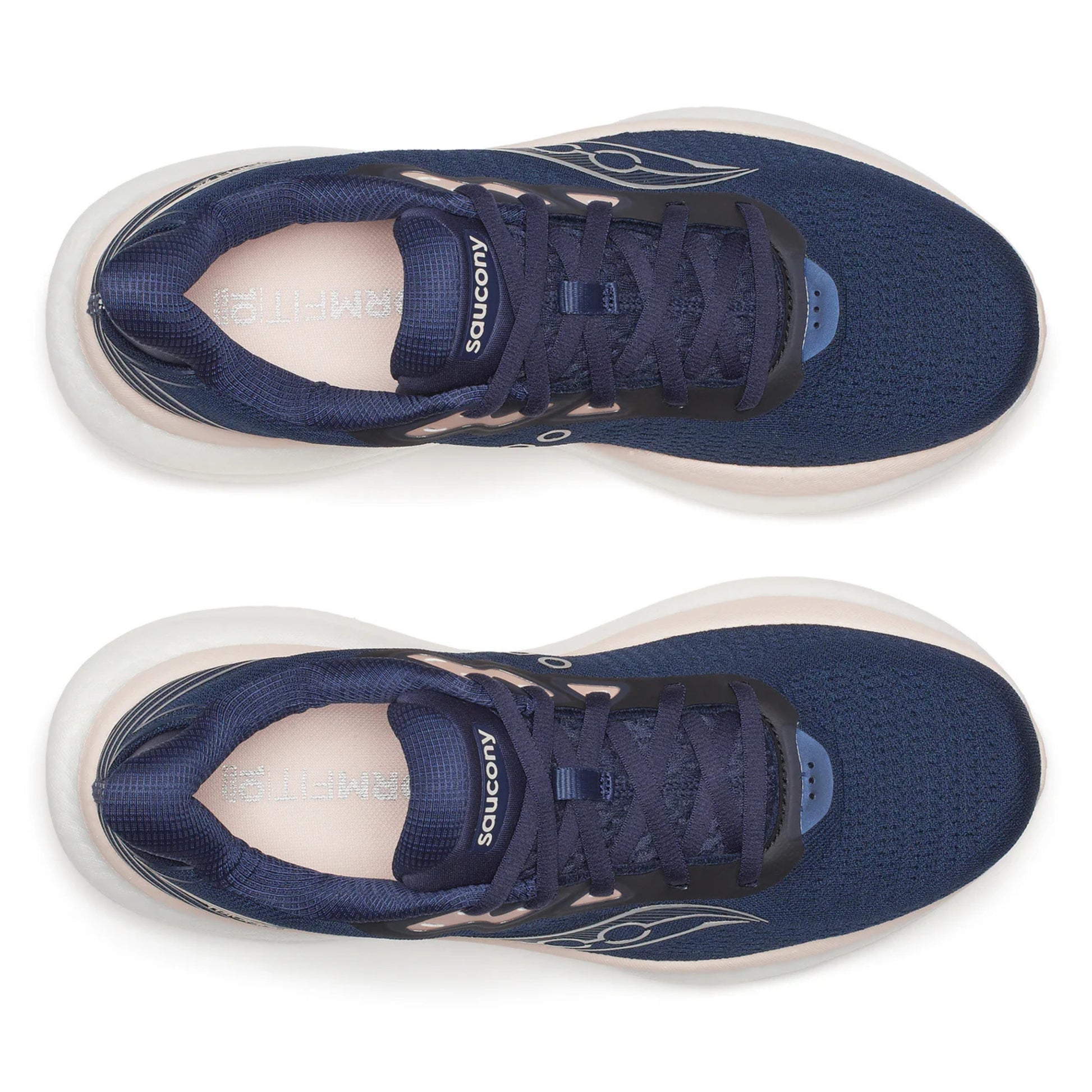 Navy running shoes with white soles on a white background