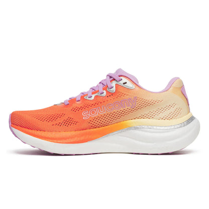 Orange Saucony running shoe with white sole on a white background