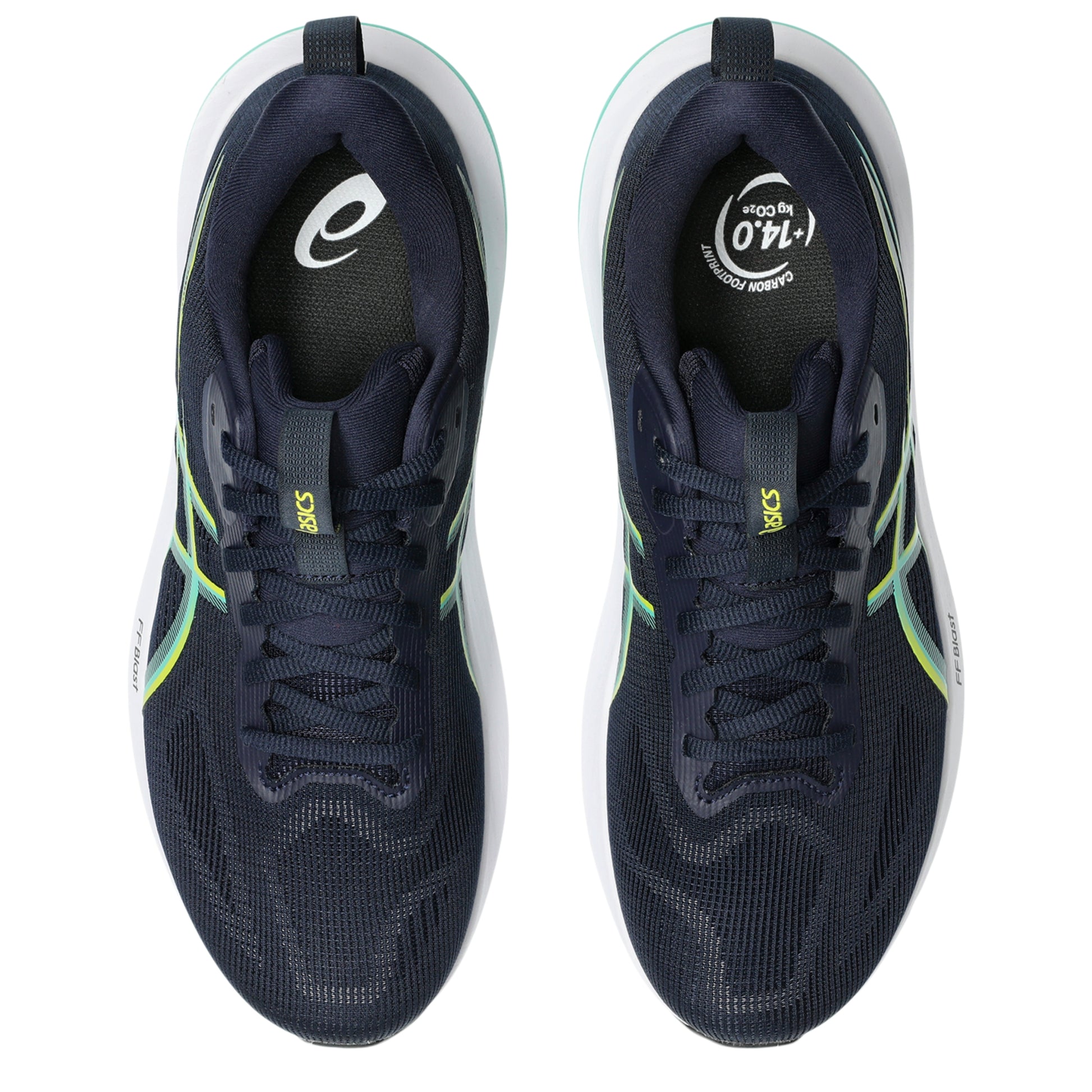 Navy running shoes with green accents on a white background