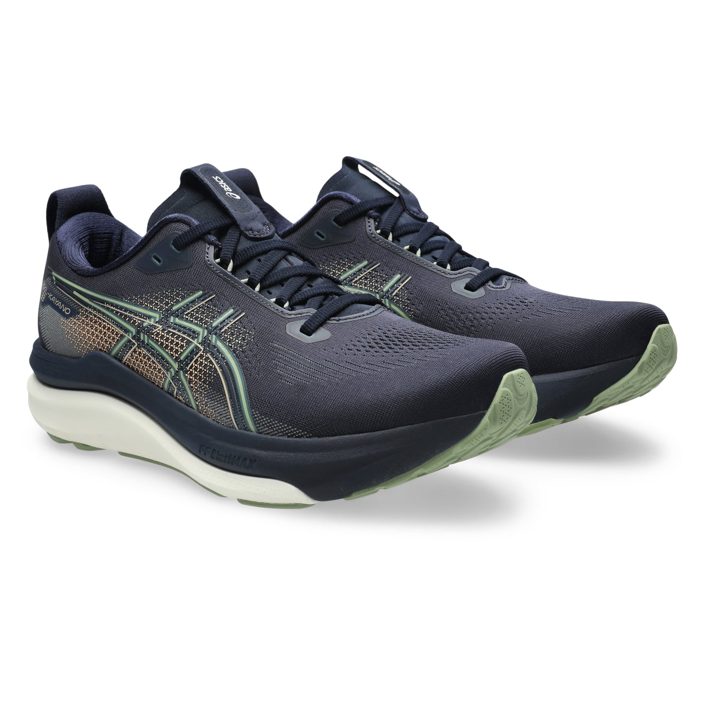 Navy blue Asics running shoes with green and gold accents on a white background