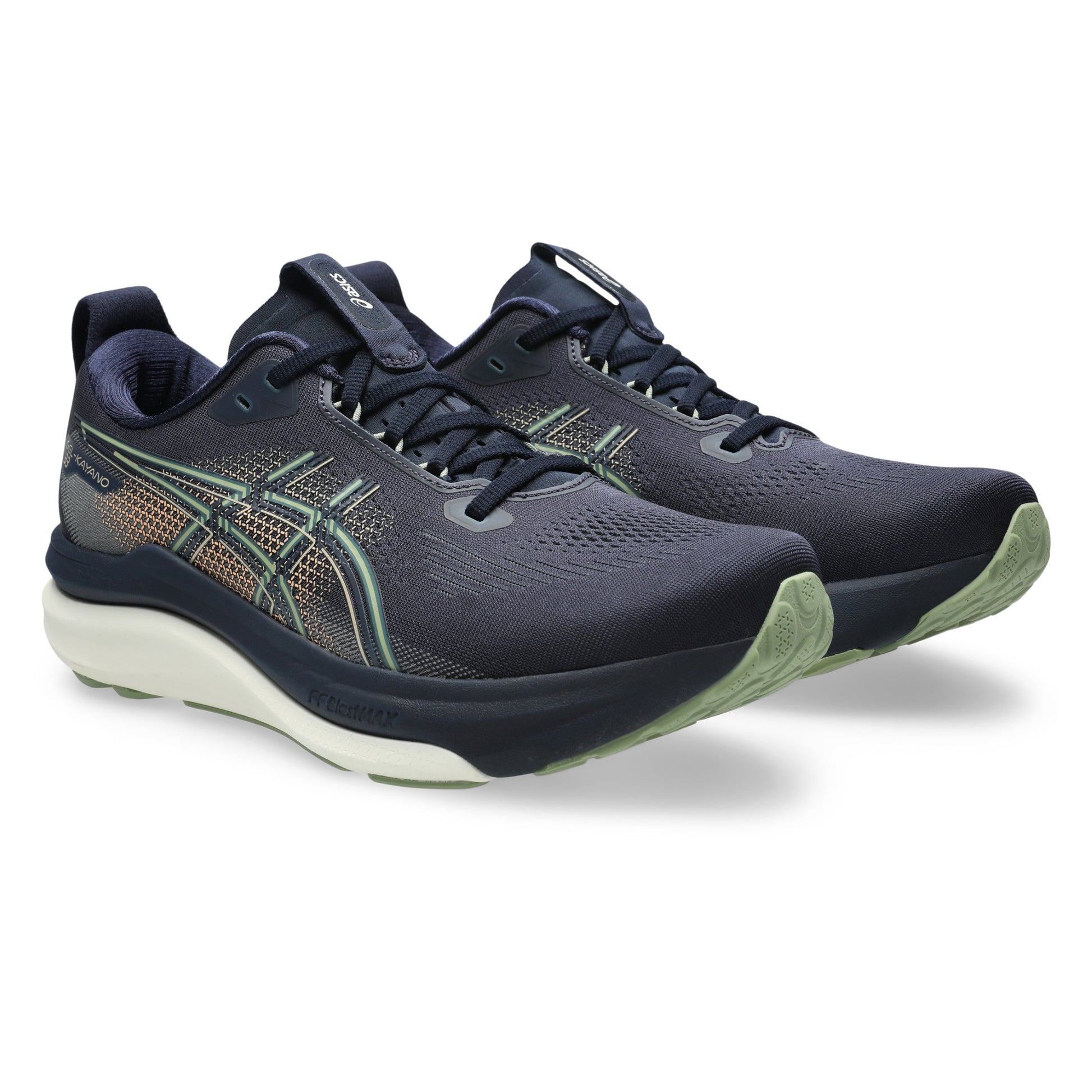 Navy blue Asics running shoes with green and gold accents on a white background