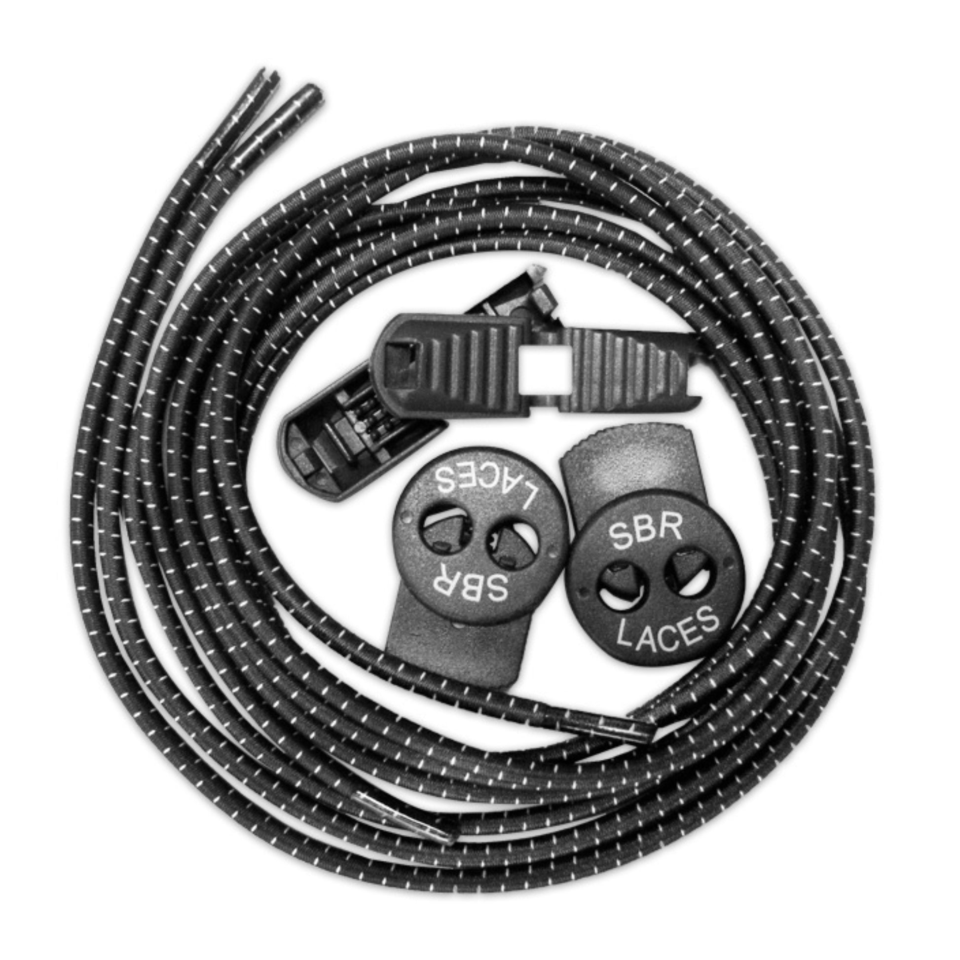 Black shoelaces with plastic buckles on a white background