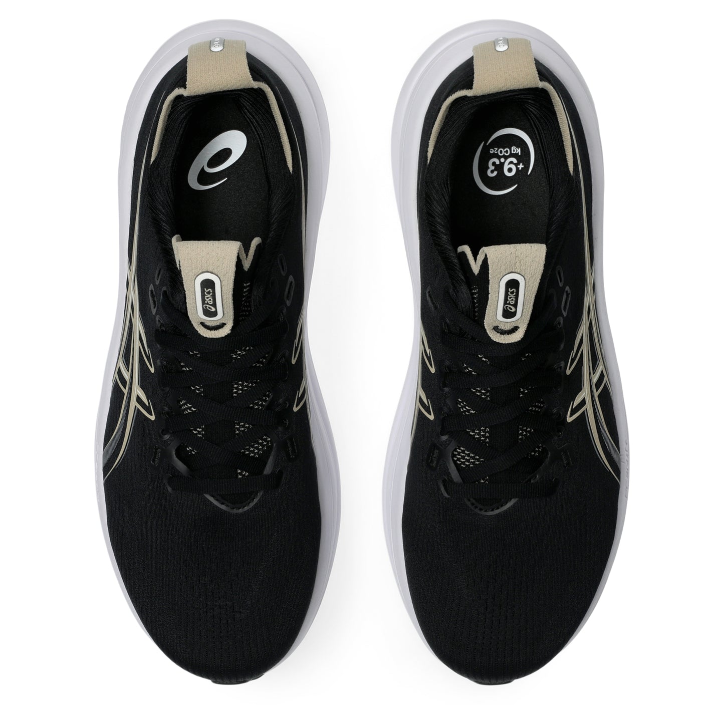 Black Asics running shoes with white soles on a white background