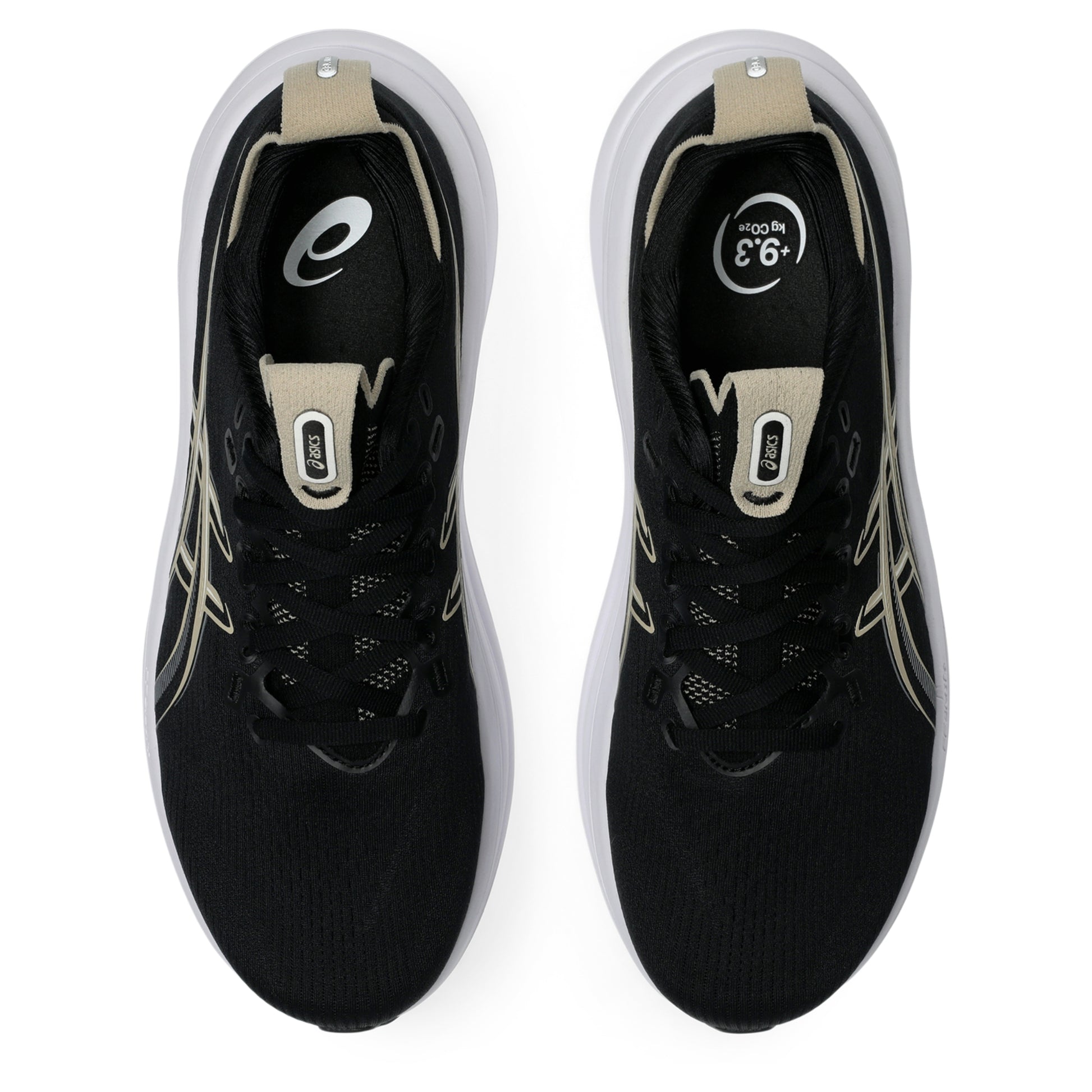 Black Asics running shoes with white soles on a white background