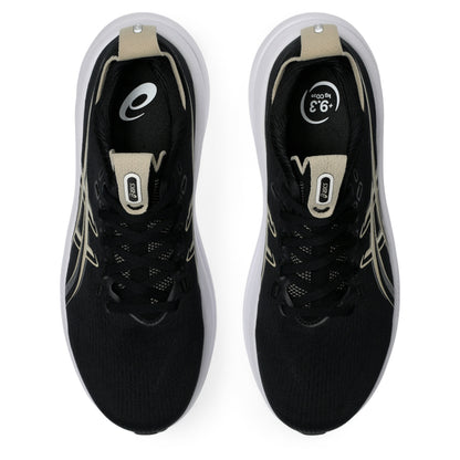 Black Asics running shoes with white soles on a white background