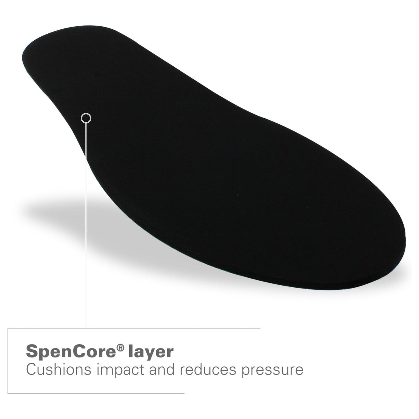 Black shoe insole with 'SpenCore layer' text on a white background