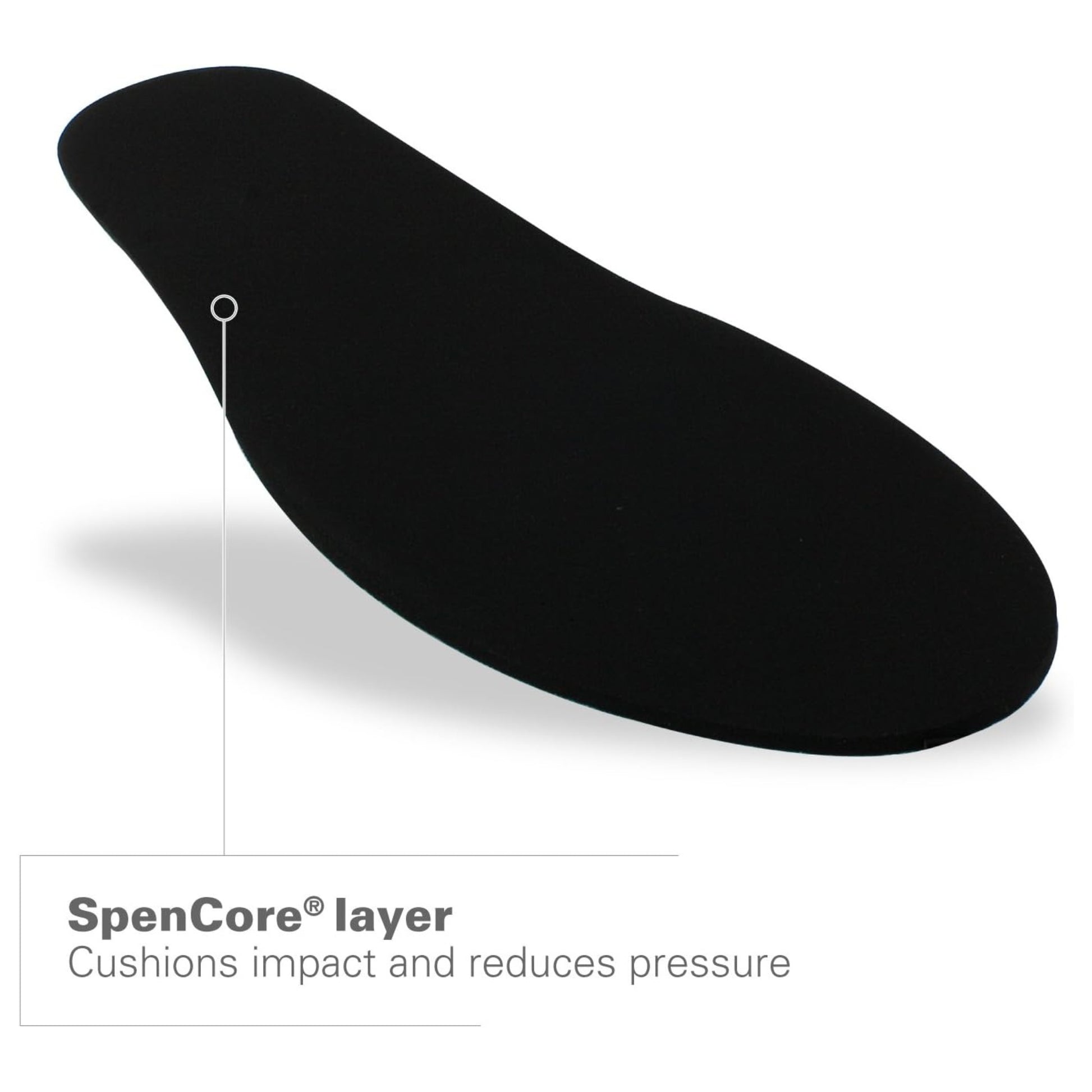 Black shoe insole with 'SpenCore layer' text on a white background