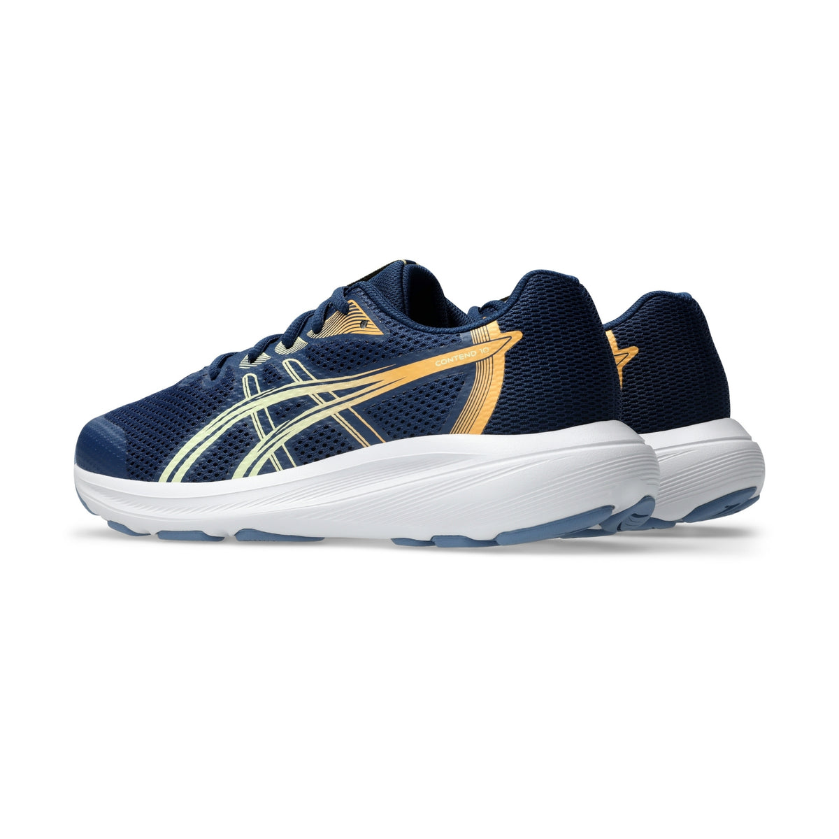 A pair of ASICS running shoes in navy blue with gold and light green accents, shown from a side profile view on a white background.