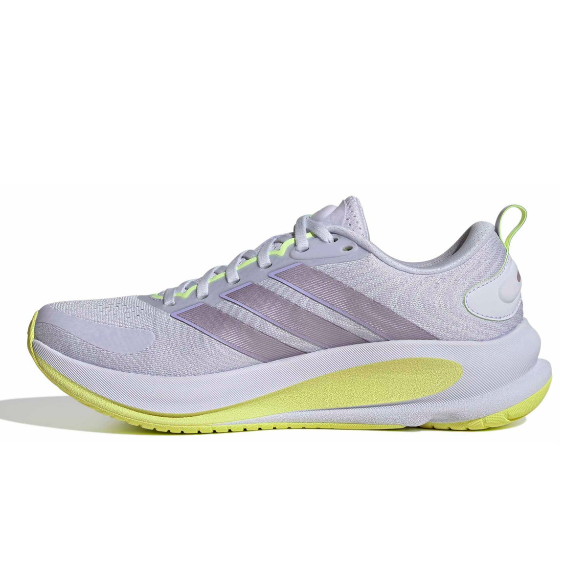 A single Adidas running shoe in a light lavender-gray colorway with metallic lavender stripes, a white midsole, and a bright yellow-green outsole, shown against a plain white background.