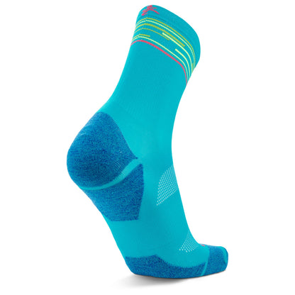 A single mid-calf athletic sock in bright turquoise blue with darker blue textured zones on the heel, sole, and toe, plus thin multicolor stripes near the cuff, shown on a white background.