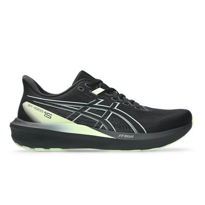 Black and yellow Asics running shoe on a white background