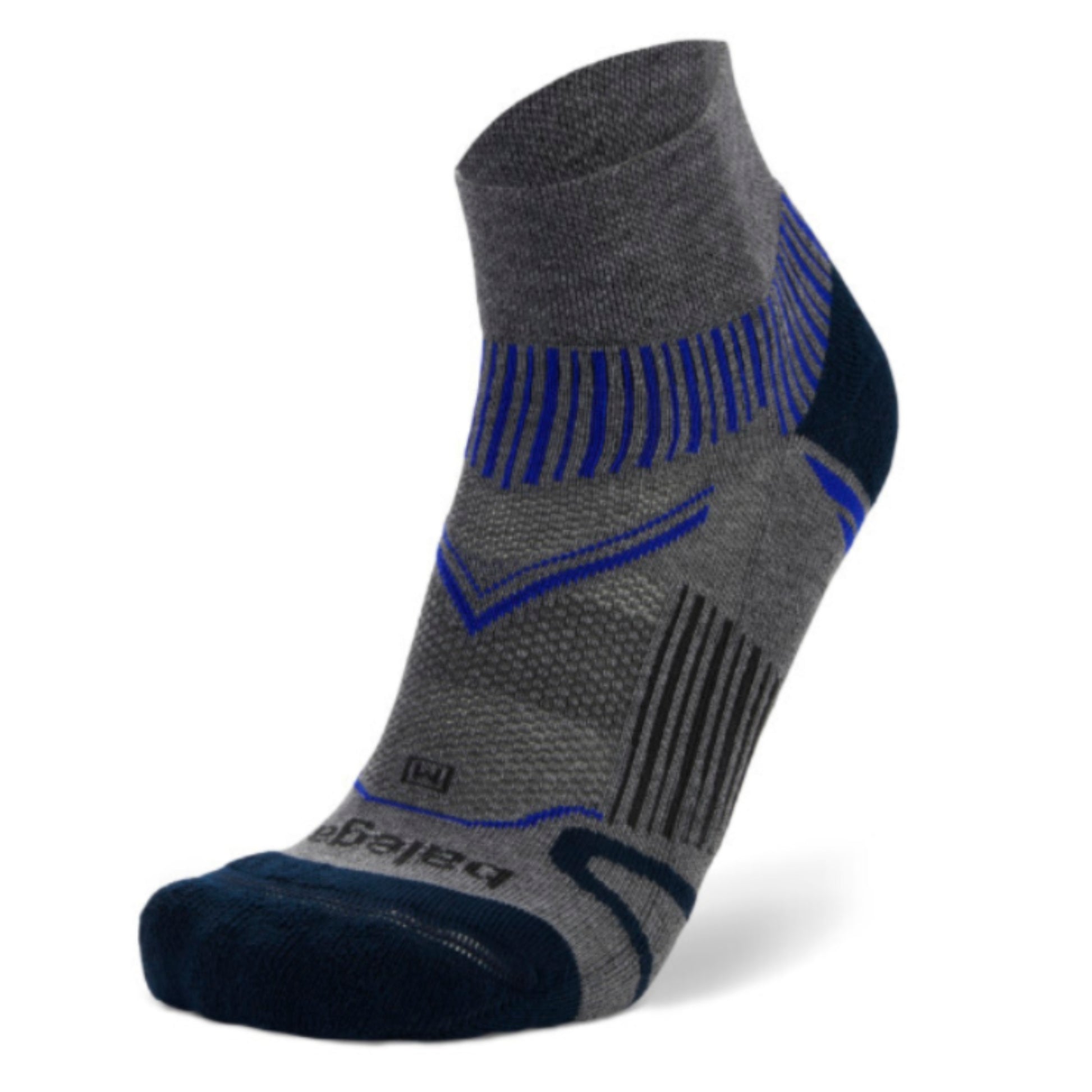 Gray and blue athletic sock on a white background